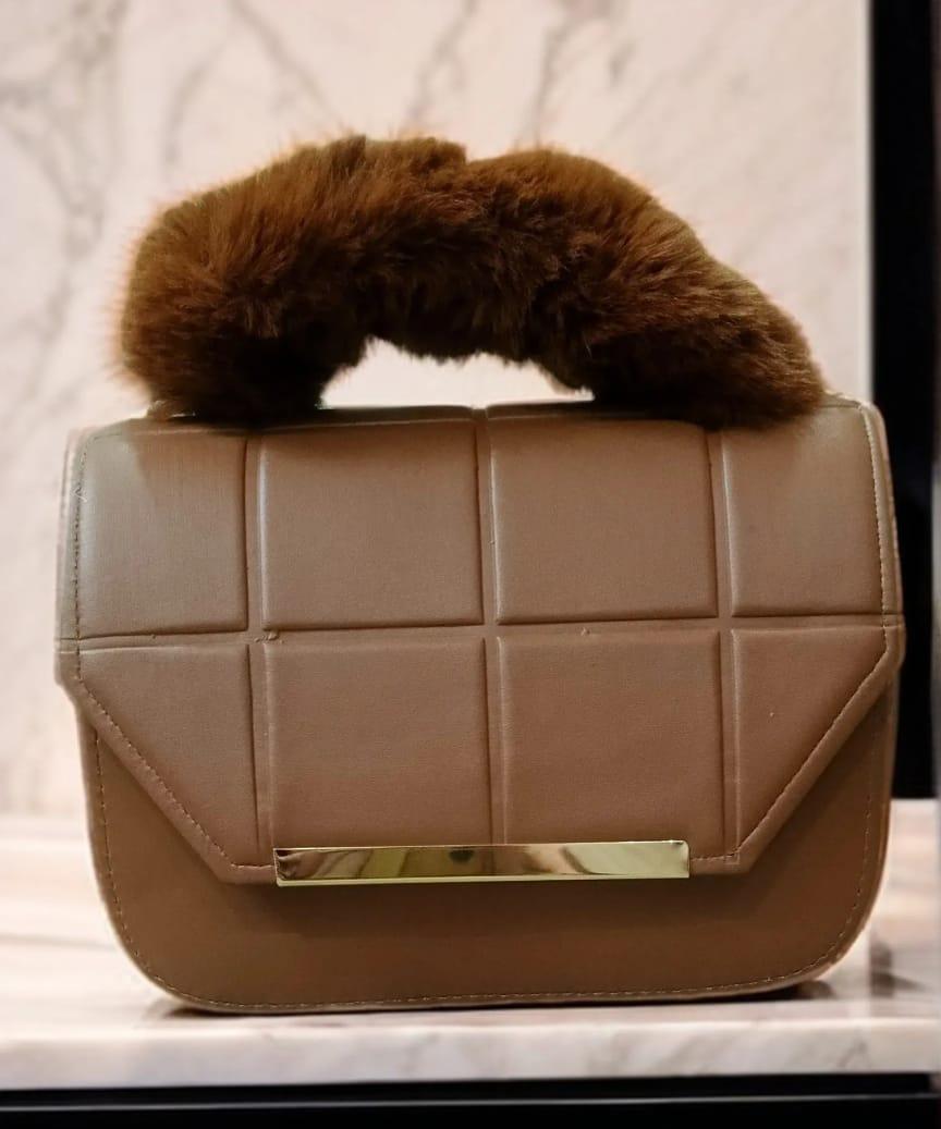 Brown Quilted Crossbody Bag with Fluffy Handle for Girls