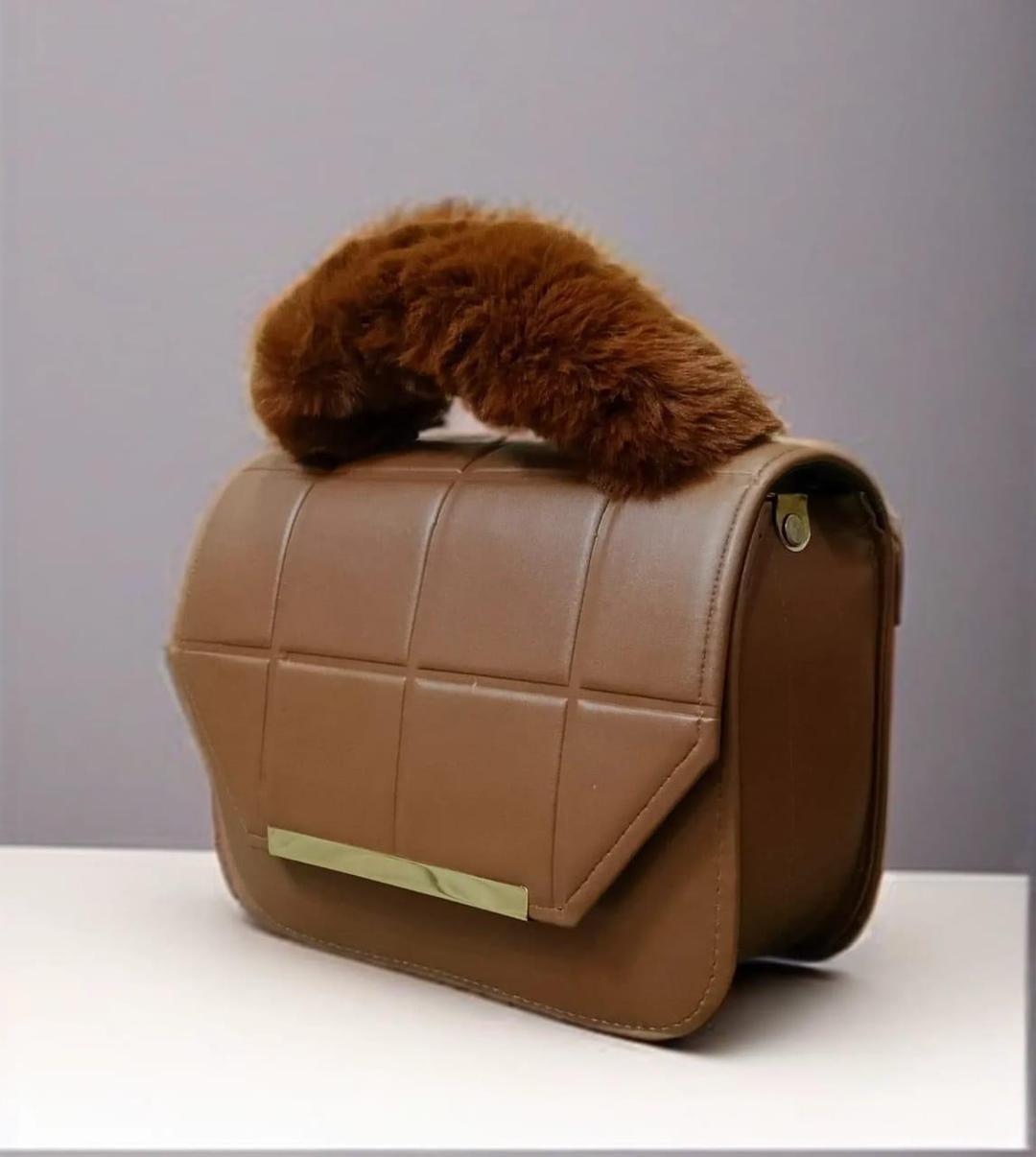 Brown Quilted Crossbody Bag with Fluffy Handle for Girls