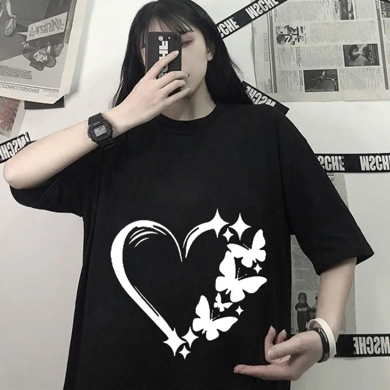Women Loose Love Print T-Shirt White Plus Size Summer