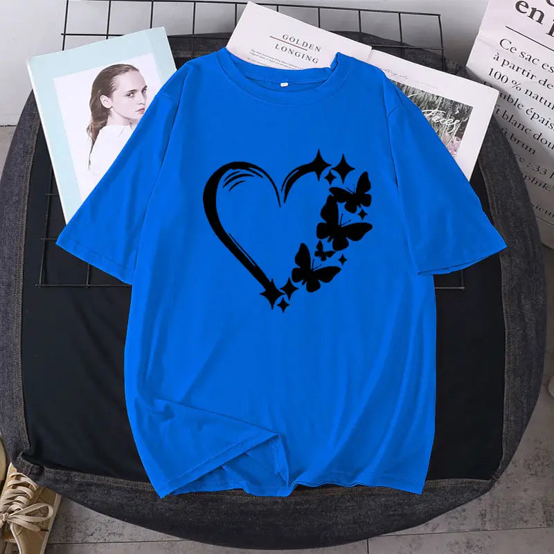 Women Loose Love Print T-Shirt White Plus Size Summer