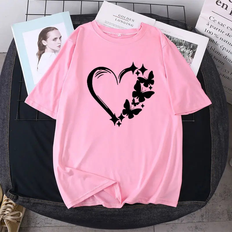 Women Loose Love Print T-Shirt White Plus Size Summer