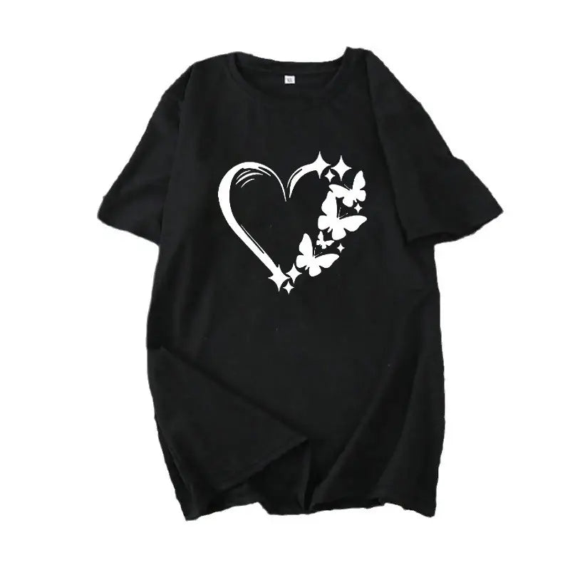 Women Loose Love Print T-Shirt White Plus Size Summer