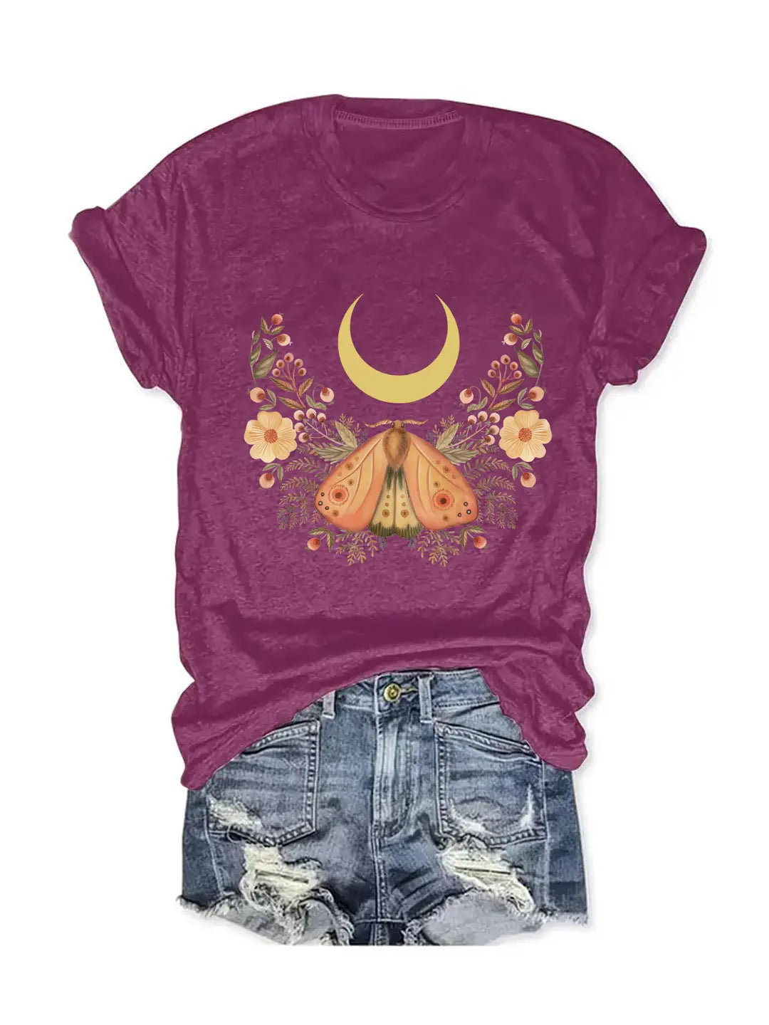 Women Purple Butterfly Moon Print T-Shirt Summer Casual