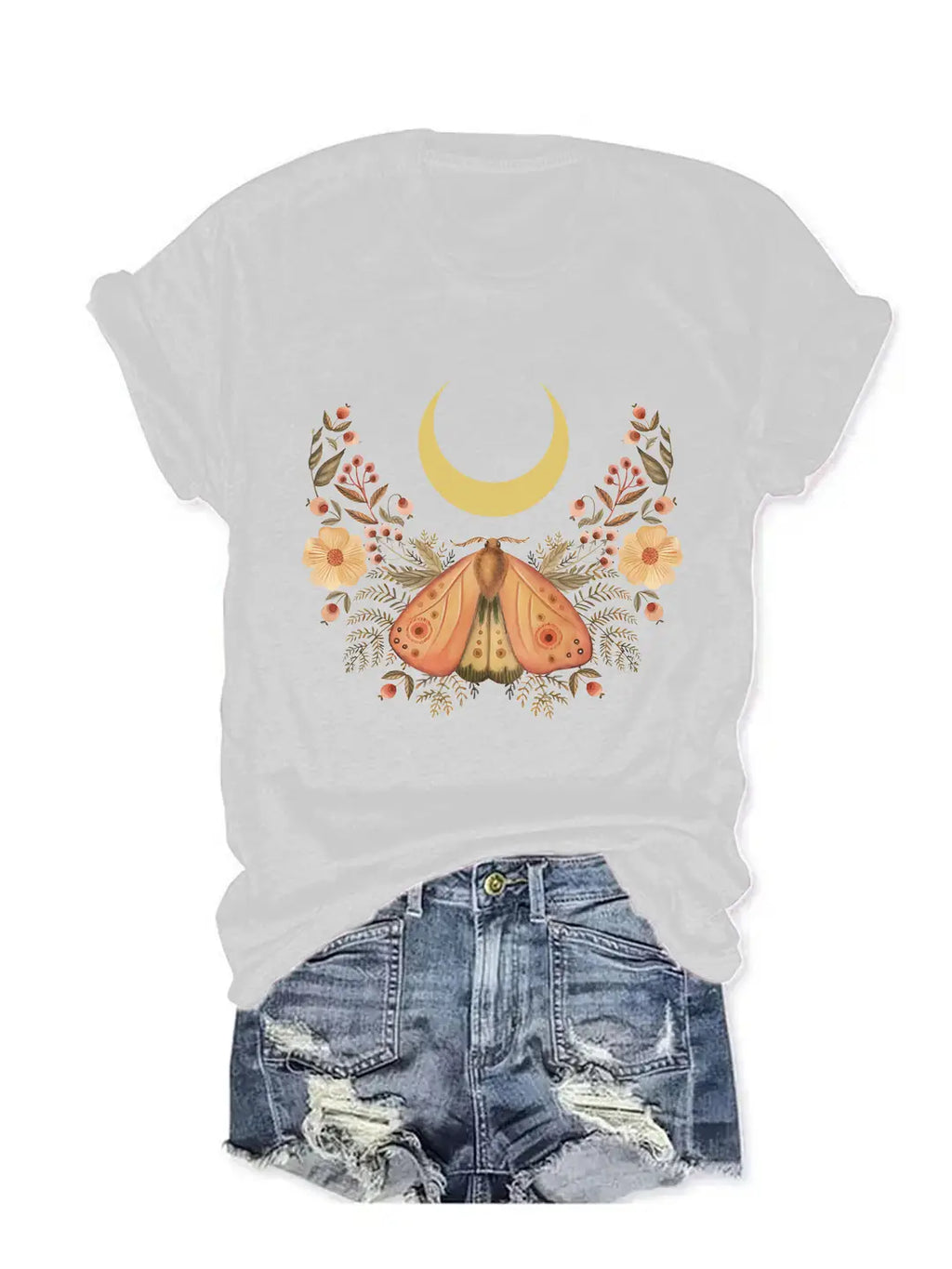Women Purple Butterfly Moon Print T-Shirt Summer Casual