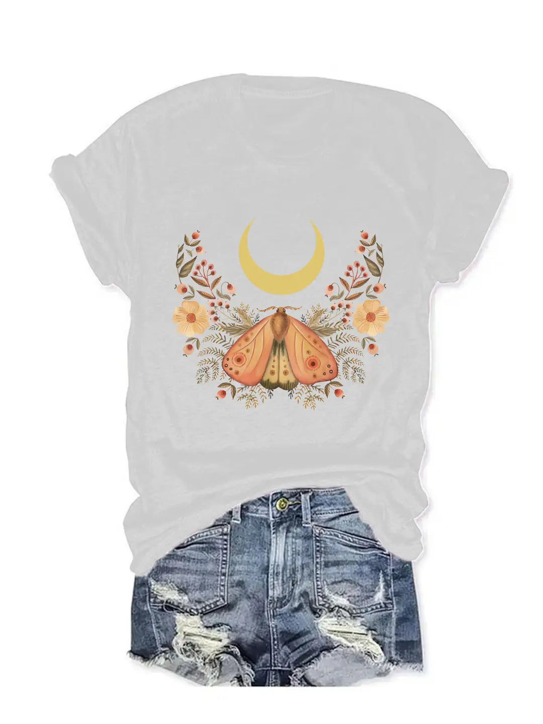 Women Purple Butterfly Moon Print T-Shirt Summer Casual