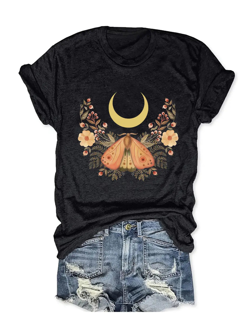 Women Purple Butterfly Moon Print T-Shirt Summer Casual