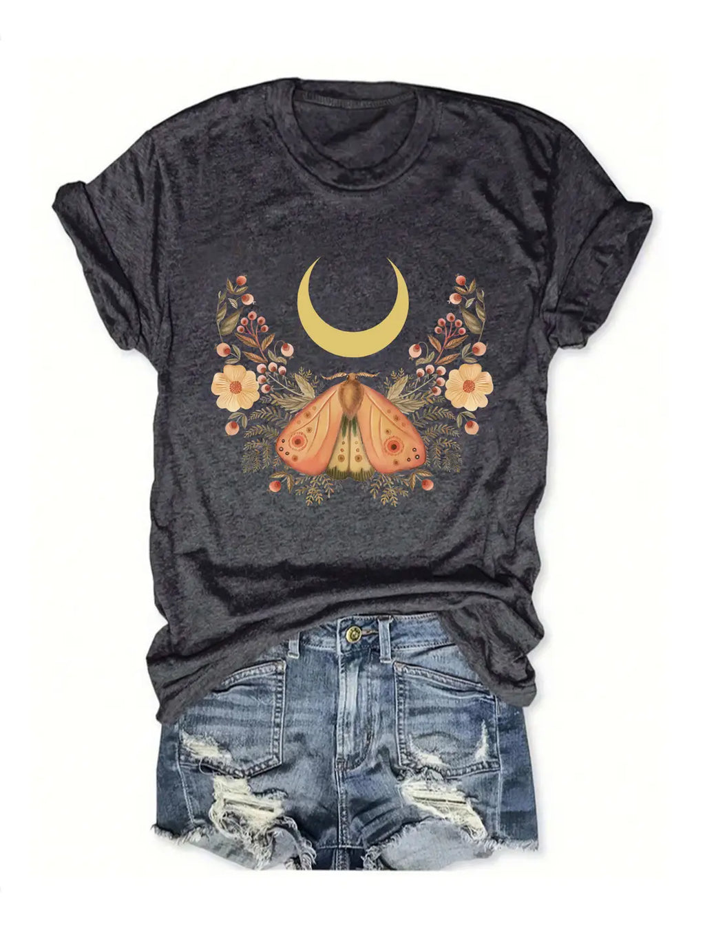 Women Purple Butterfly Moon Print T-Shirt Summer Casual