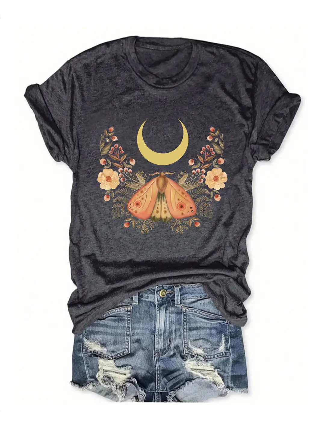 Women Purple Butterfly Moon Print T-Shirt Summer Casual