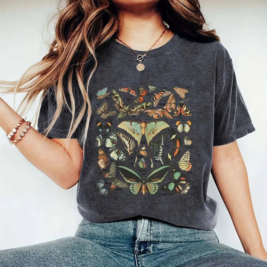 Women Butterfly Print T-Shirt Summer Casual Short Sleeve