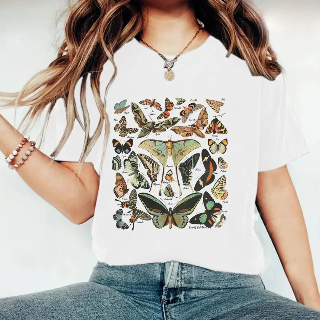 Women Butterfly Print T-Shirt Summer Casual Short Sleeve