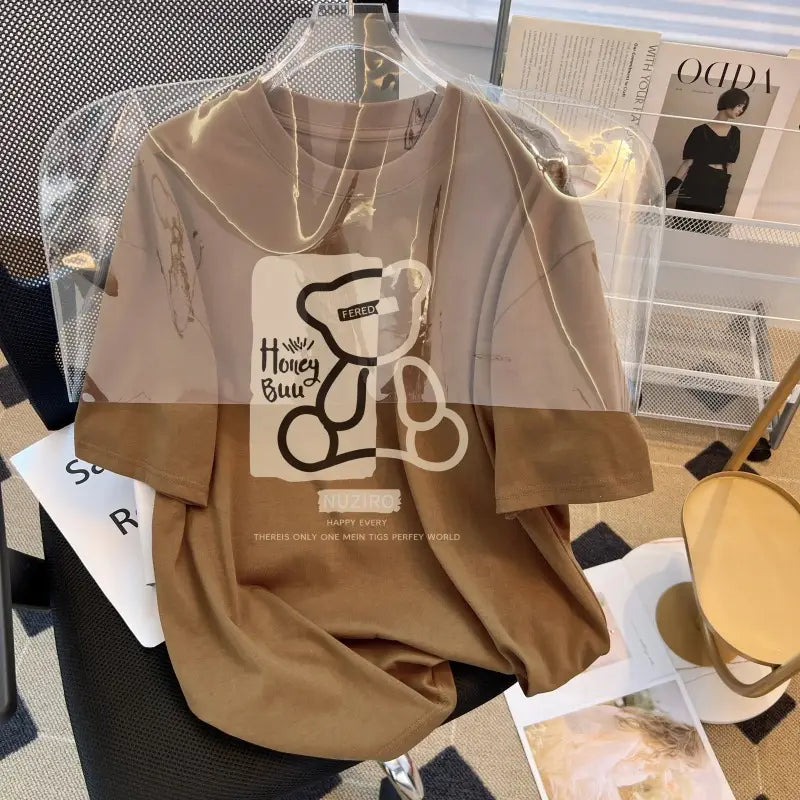 Women Loose Cotton T-Shirt Summer Korean Style Round Neck Brown