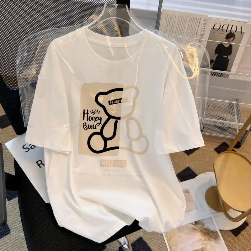 Women Loose Cotton T-Shirt Summer Korean Style Round Neck Brown