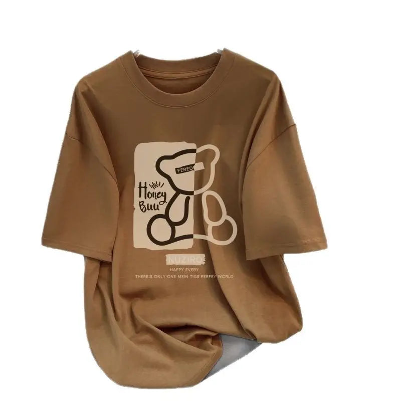 Women Loose Cotton T-Shirt Summer Korean Style Round Neck Brown