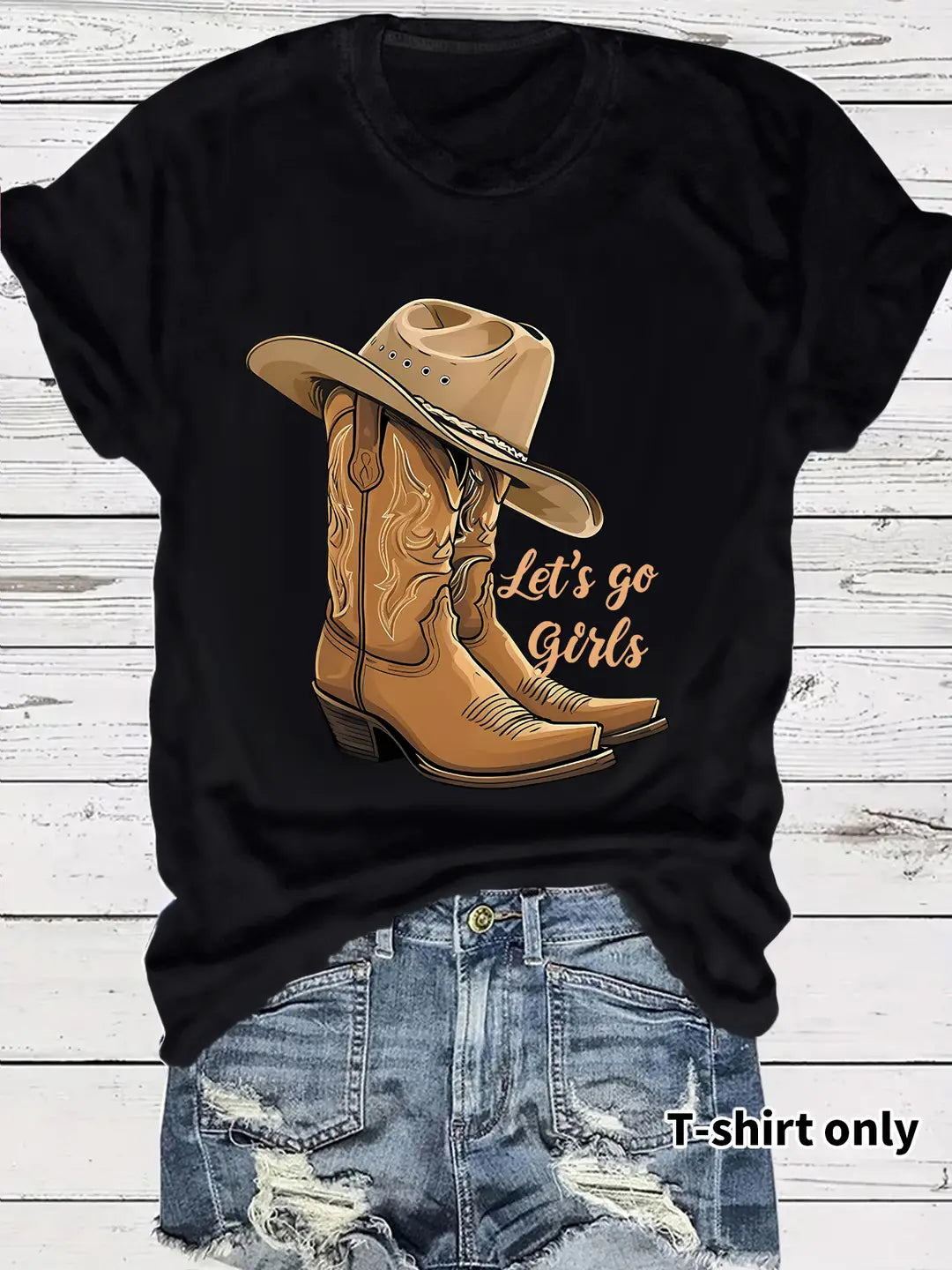 Women Black Cowboy Boots Hat T-Shirt Summer Casual