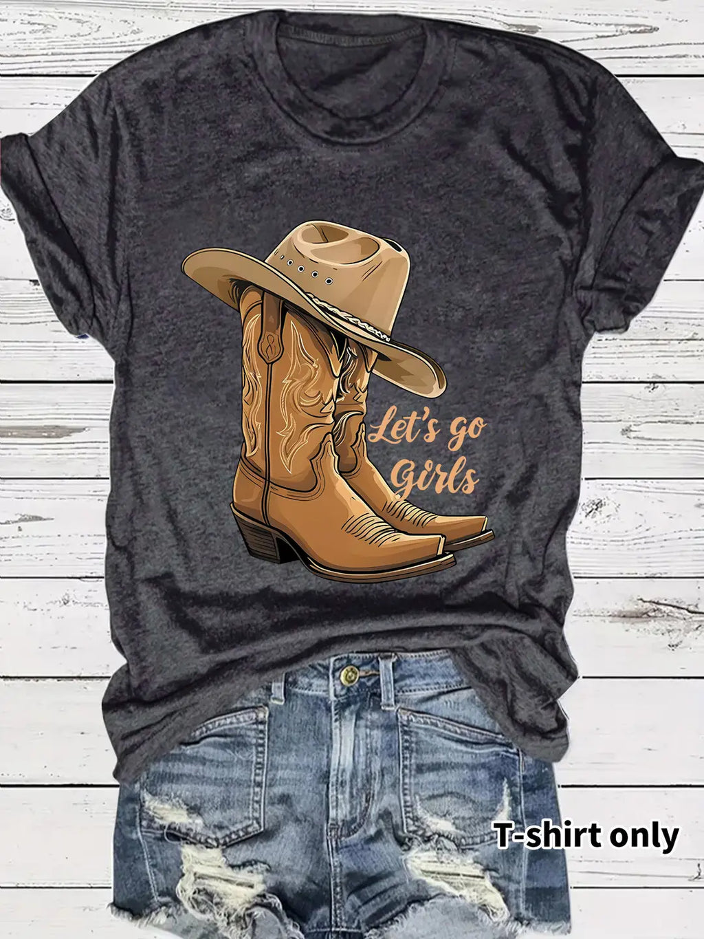 Women Black Cowboy Boots Hat T-Shirt Summer Casual