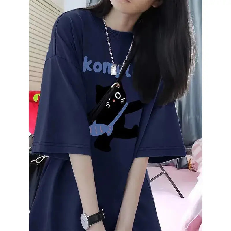 Women Navy Blue Cotton Loose Fit T-Shirt with Cat Print