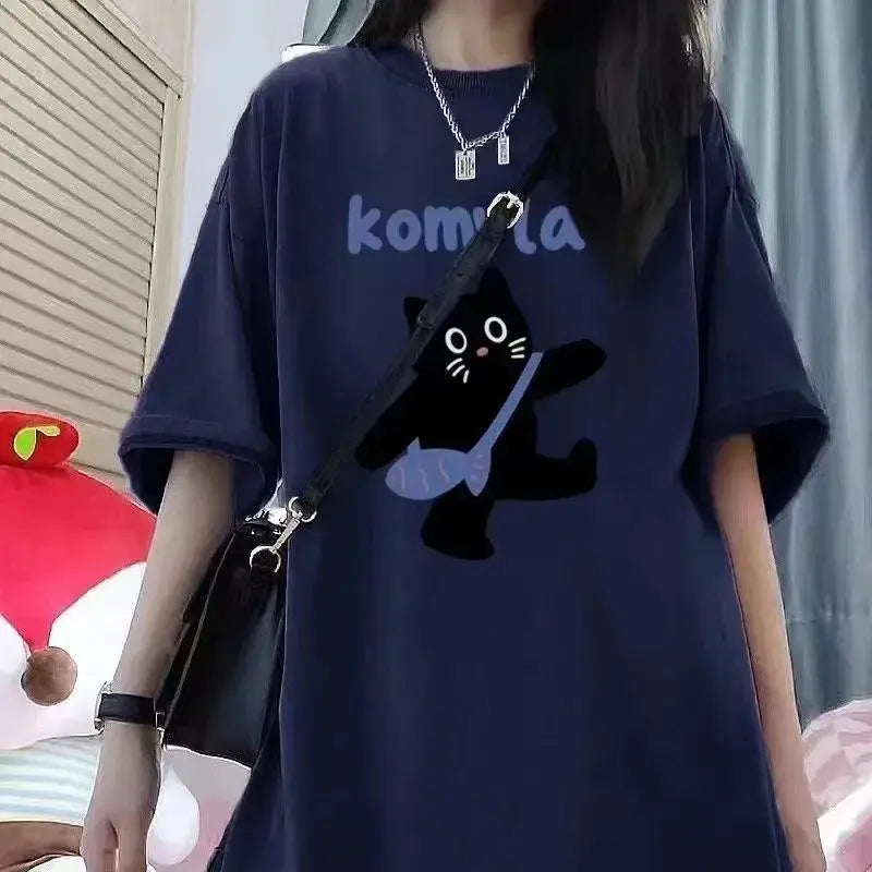 Women Navy Blue Cotton Loose Fit T-Shirt with Cat Print