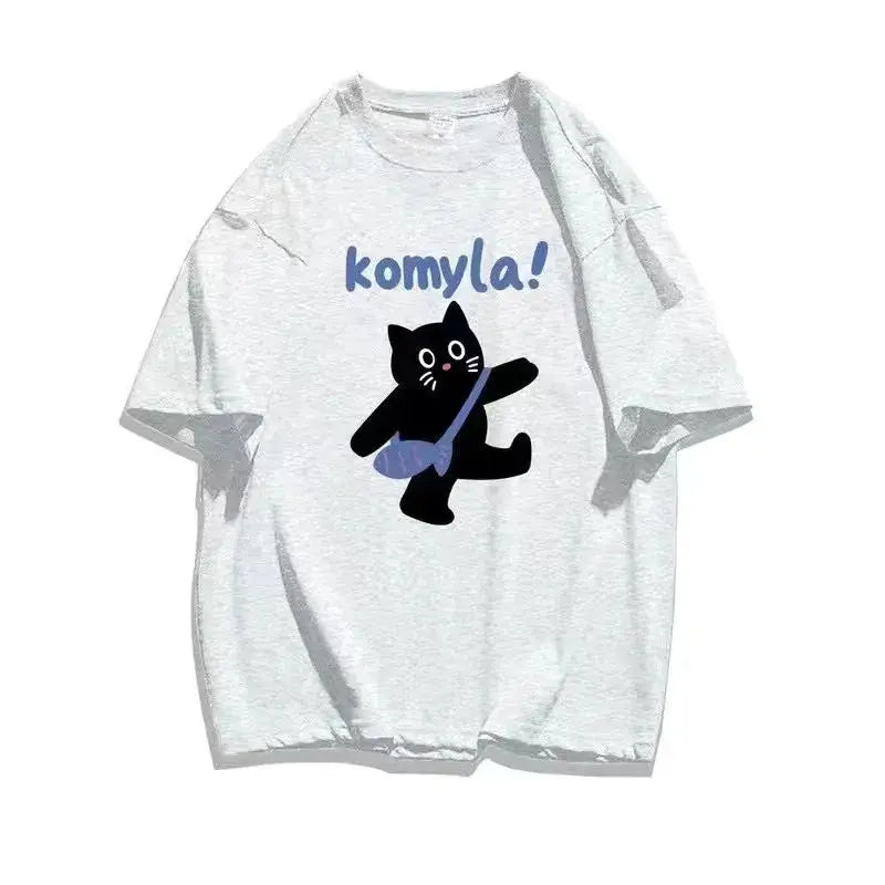 Women Navy Blue Cotton Loose Fit T-Shirt with Cat Print