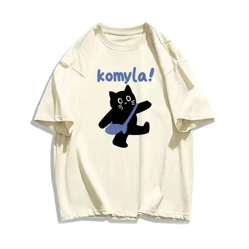 Women Navy Blue Cotton Loose Fit T-Shirt with Cat Print
