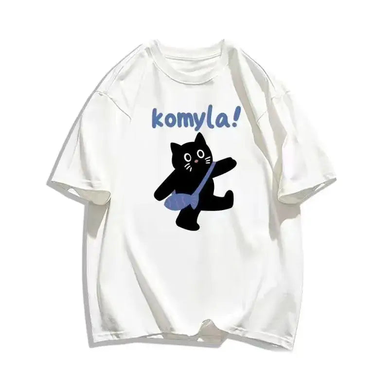 Women Navy Blue Cotton Loose Fit T-Shirt with Cat Print