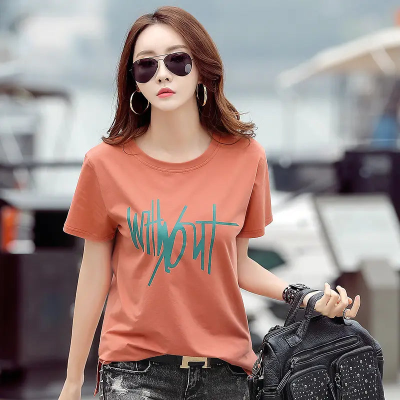 Women Loose Korean Printed T-Shirt Plus Size Orange