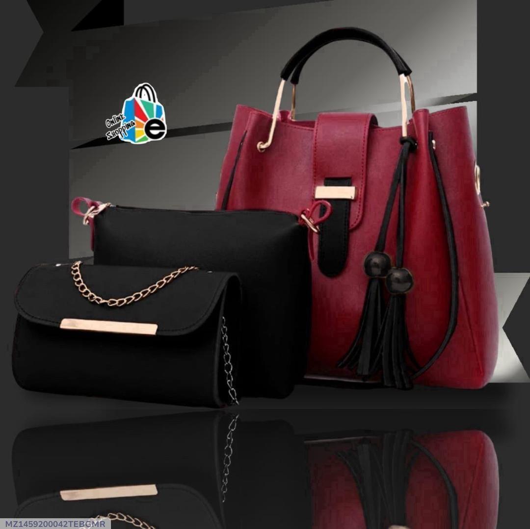 3-Piece Rexine Handbag Set Maroon Black Gold Hardware