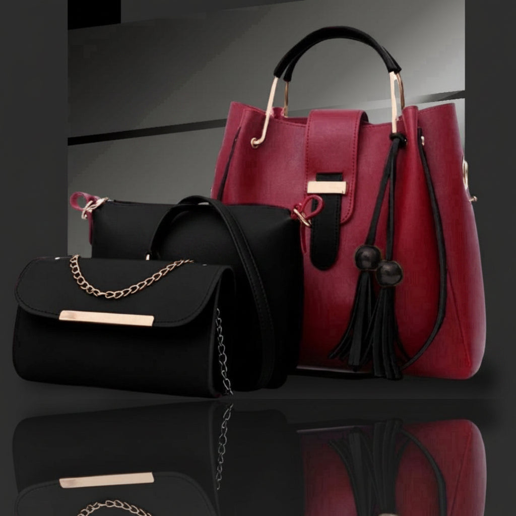 3-Piece Rexine Handbag Set Maroon Black Gold Hardware
