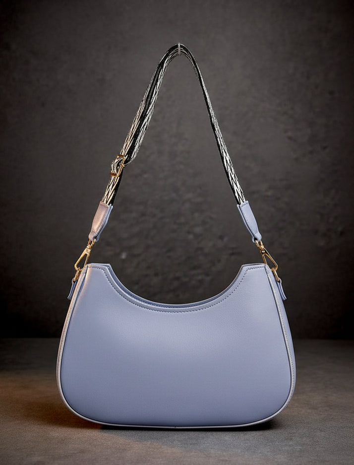 Blue Leather Shoulder Bag for Girls with Trendy Strap