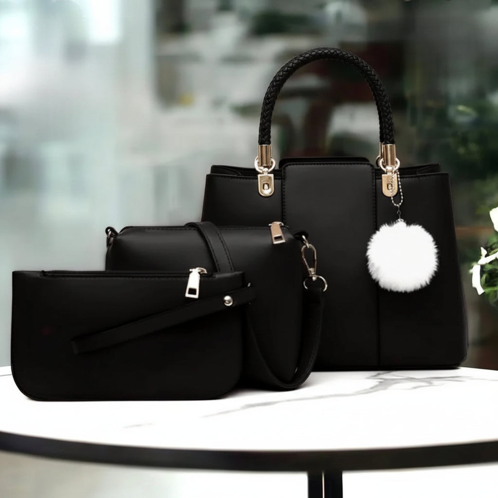 Women's PU Leather Plain Hand Bag Set