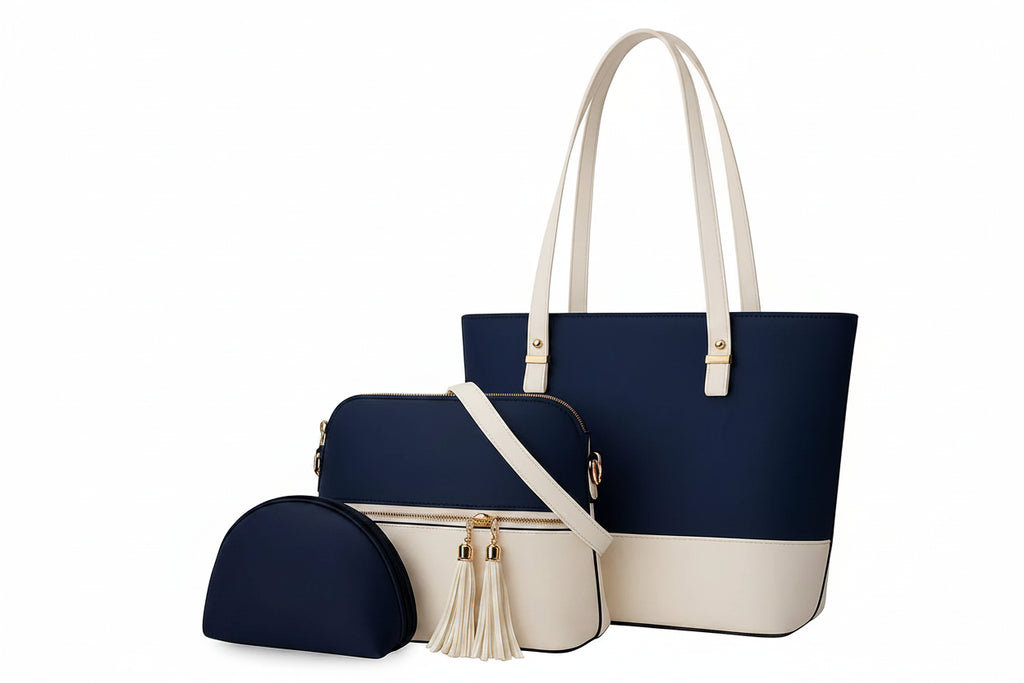 Women's 3-Piece Blue Leather Tote Set