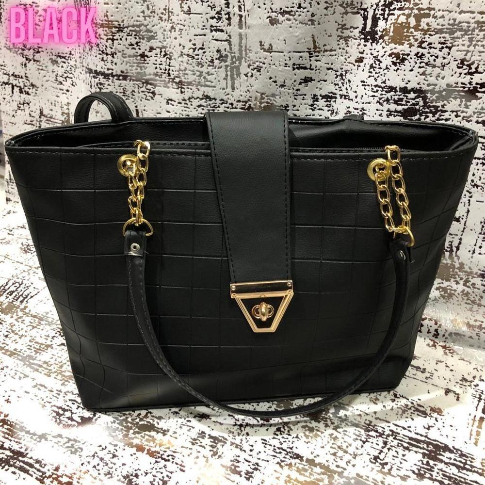 Black Textured Shoulder Bag with Gold Hardware