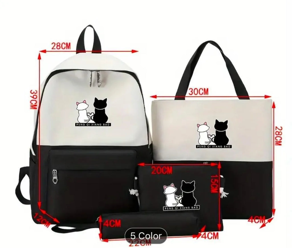 Cat Print 4-Piece Pink Backpack Set for Students Office