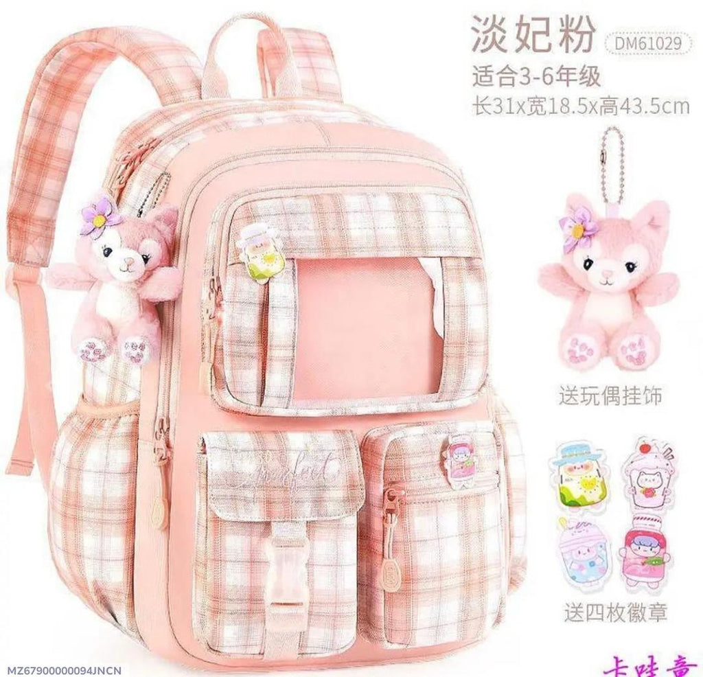 Pink Plaid Nylon Backpack for Students 18x12x5"