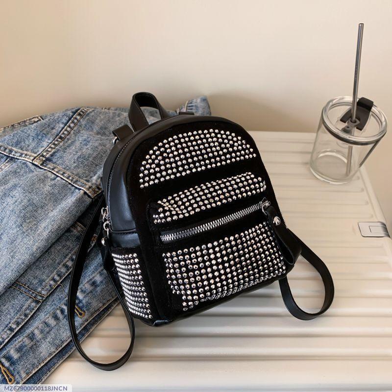 Black Studded Leather Backpack for Women 12"